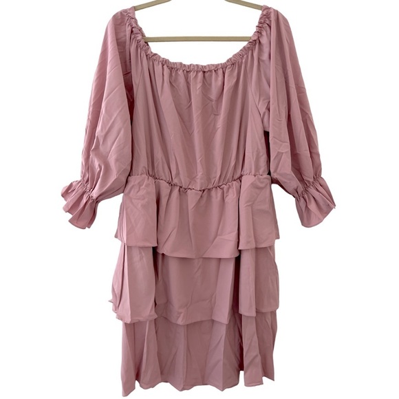 Pink Tiered Ruffle Off Shoulder Balloon Sleeves Dress - Picture 3 of 5